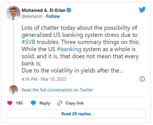 El-Erian：美国银行系统能抵御硅谷银行传染风险