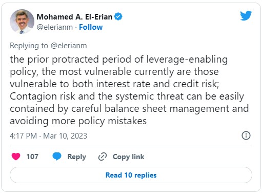 El-Erian：美国银行系统能抵御硅谷银行传染风险