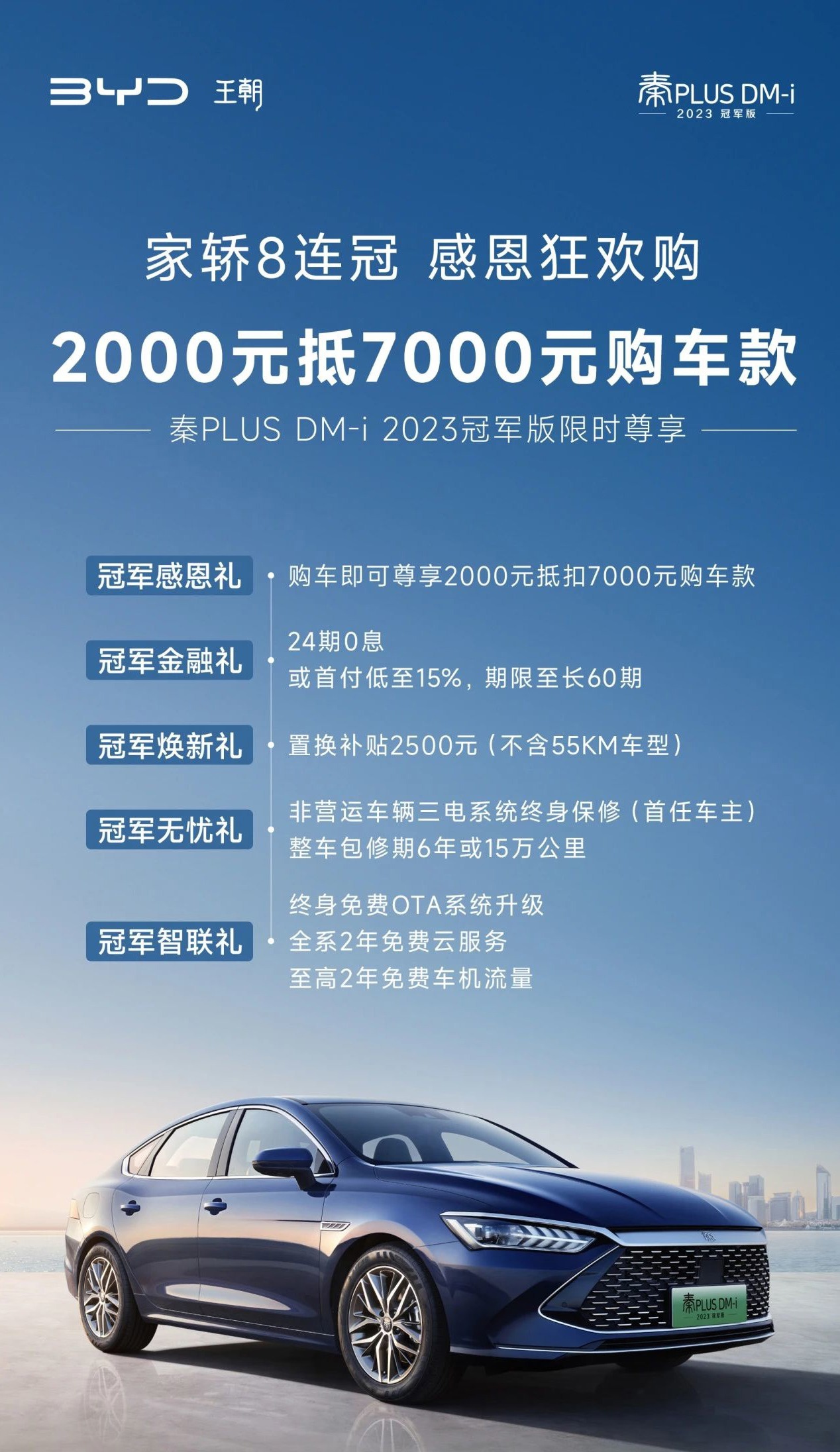 比亚迪秦 PLUS DM-i 冠军版、驱逐舰 05 冠军版车型限时开启“2000 抵 7000 元”活动