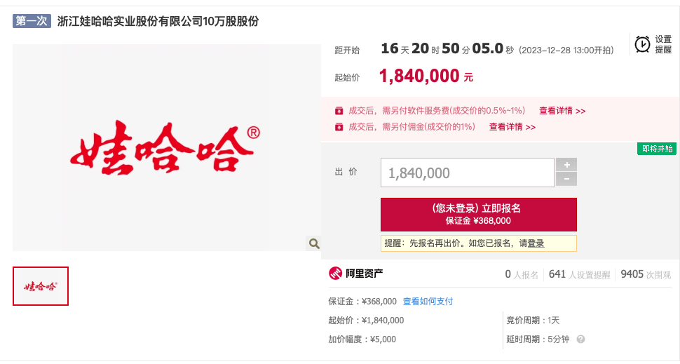 娃哈哈10万股股份上架拍卖  咨询者众多  转让方回应出让原因