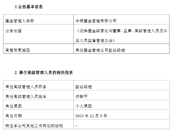 任职4年6月，中银基金副总经理闫黎平离任